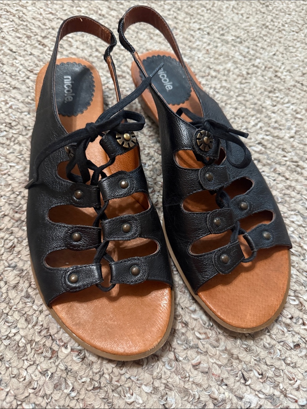 Nicole Black Leather Lace-Up Open-Toe Sandals with Tan Footbed